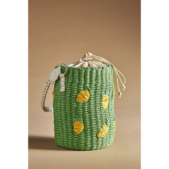 Anthropologie Raffia Green Yellow Lemon Embroidered Beachy Fruit Bucket Bag - Picture 1 of 7